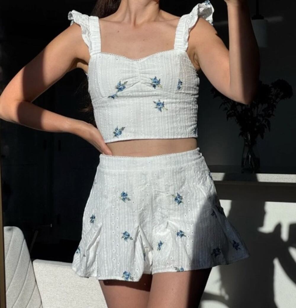 067 NWOT Kirious Los Angeles Set Floral Eyelet Crop Top & Mini shorts | XL